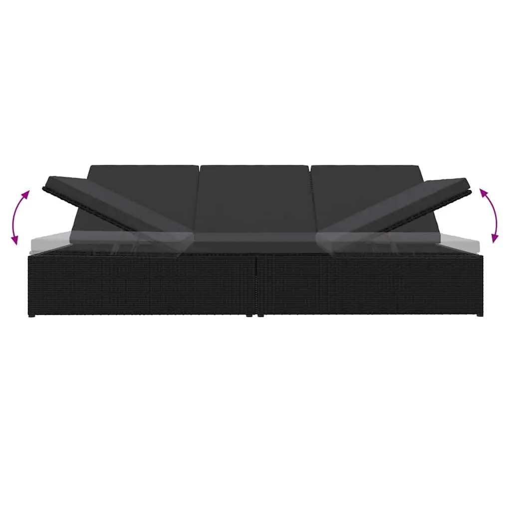 Convertible Sun Bed Sofa PE Rattan Black Outdoor Lounge Chair with Cushions
