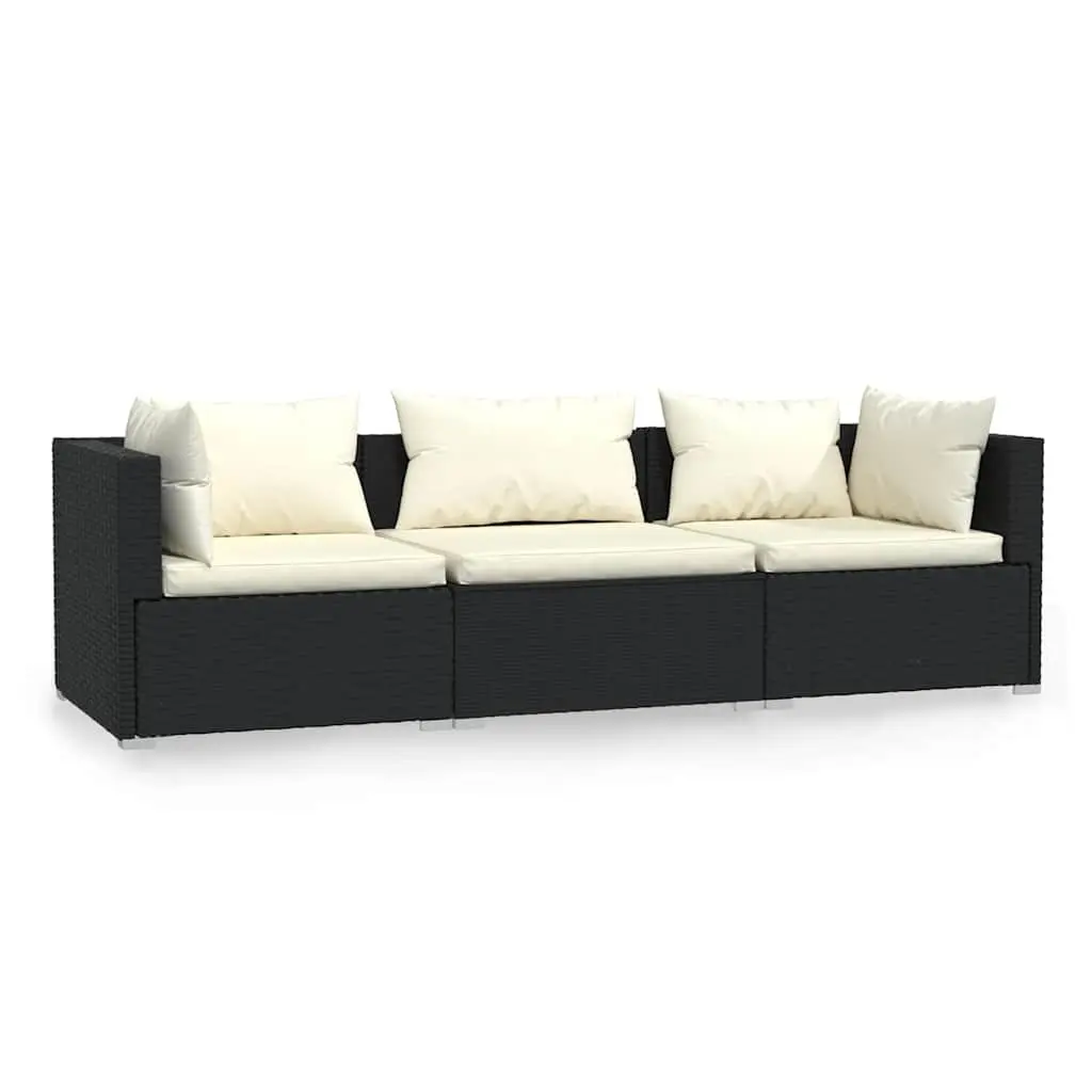 3-Seater Sofa Steel Frame PE Rattan Black with Cushions Outdoor Garden Patio Furniture Set