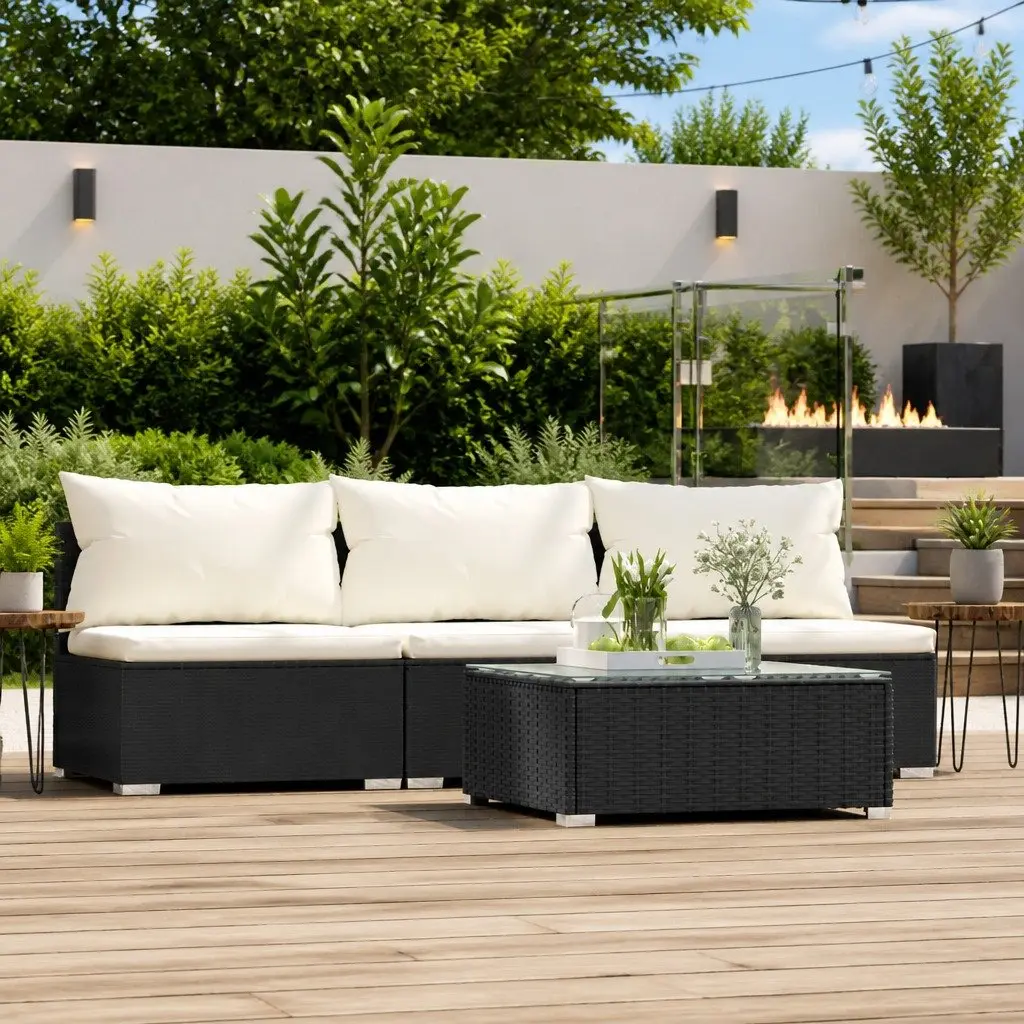 Garden Lounge Set 4 Piece Modular Waterproof PE Rattan Outdoor Patio Furniture with Cushions Black