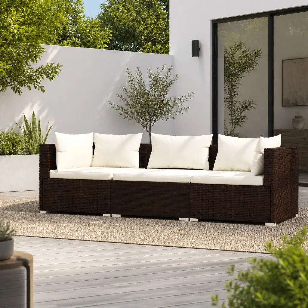 3-Seater Outdoor Sofa with Cushions Garden Patio Furniture Brown Rattan Seat
