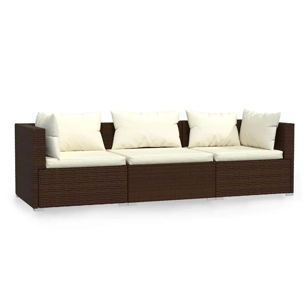 3-Seater Outdoor Sofa with Cushions Garden Patio Furniture Brown Rattan Seat