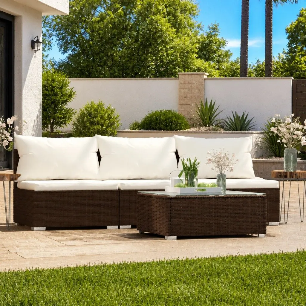 Garden Lounge Set Outdoor Patio Furniture Powder Coated Steel Waterproof PE Rattan 4 Piece Brown