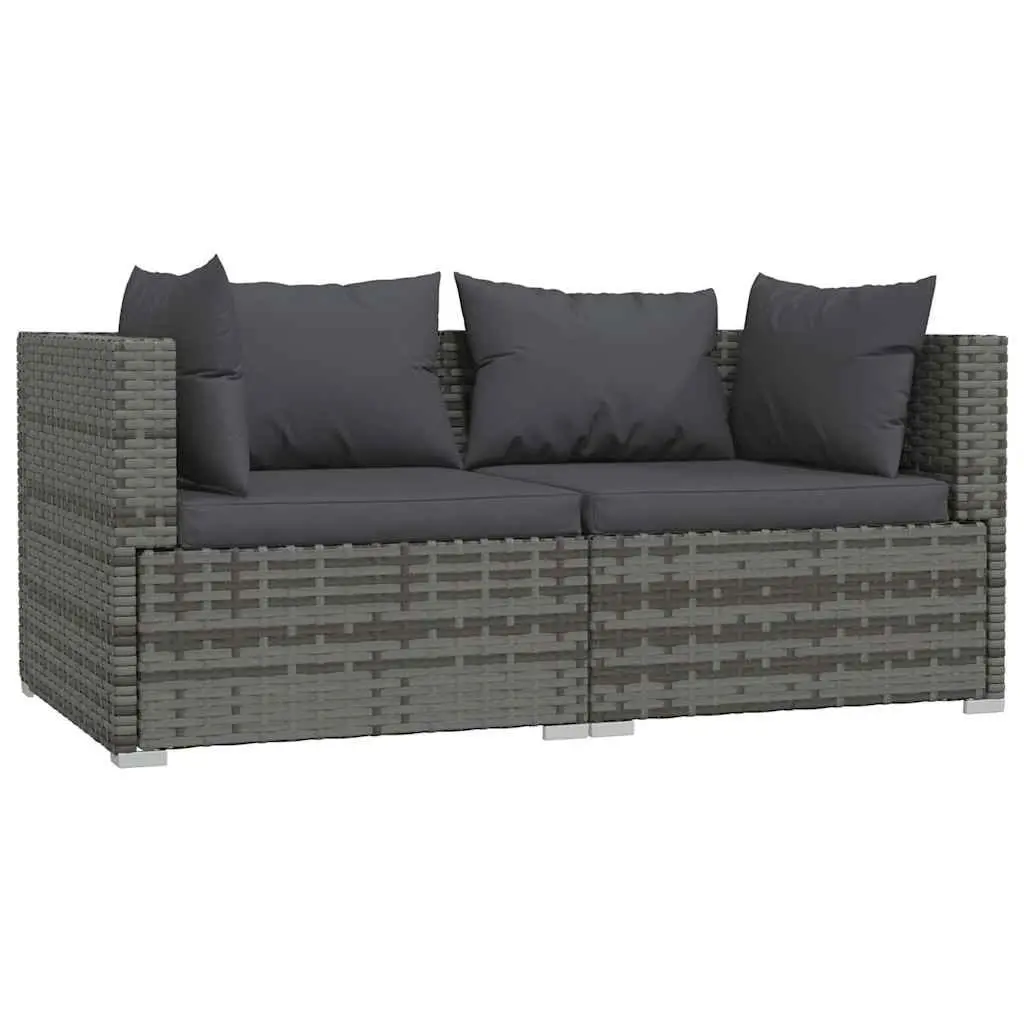 2-Seater Sofa Waterproof PE Rattan Modular Grey with Cushions