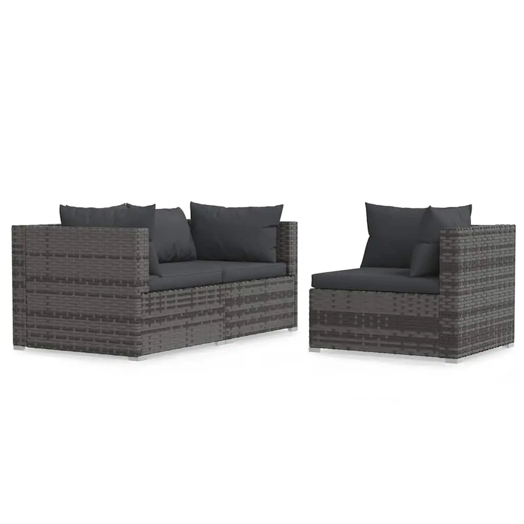 3 Piece Outdoor Garden Lounge Set Waterproof PE Rattan Grey Modular Sectional Sofa with Cushions