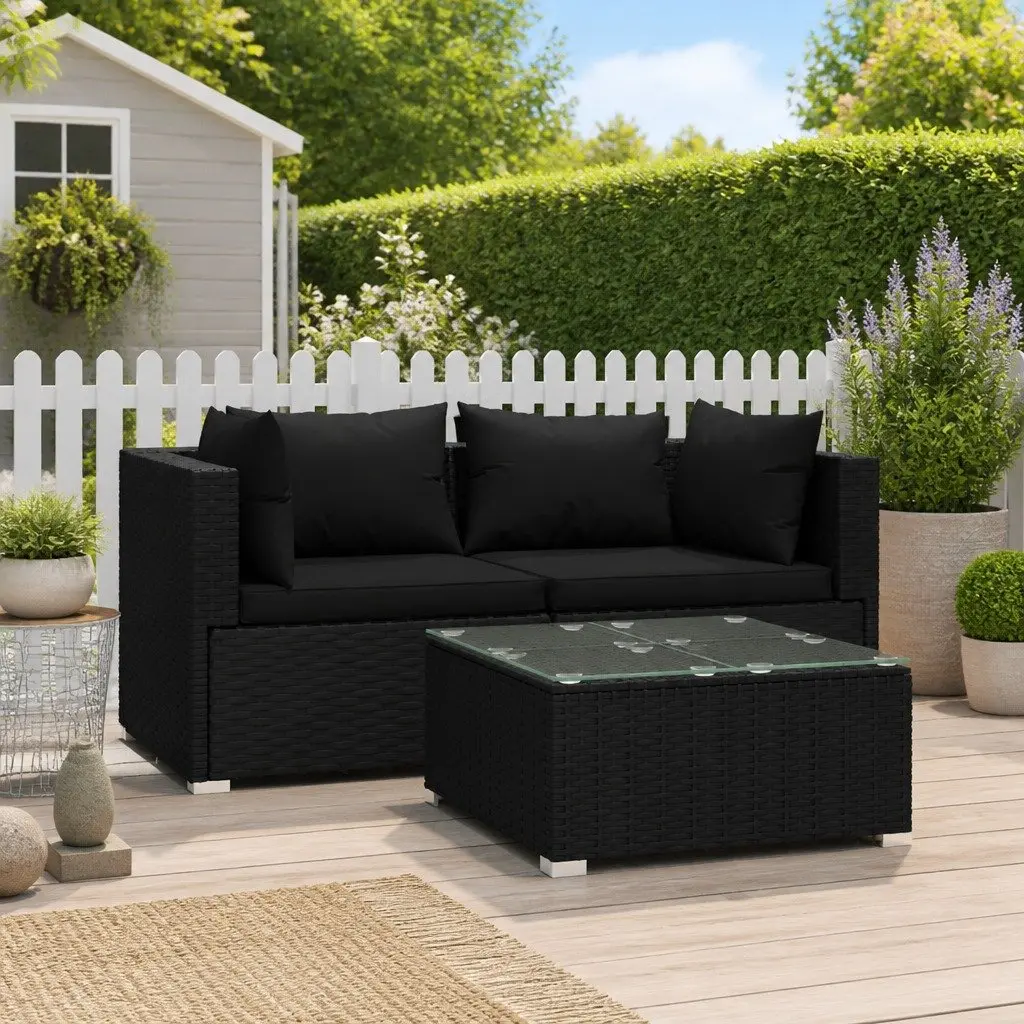 3 Piece Modular Outdoor Lounge Set Waterproof Black Rattan with Cushions