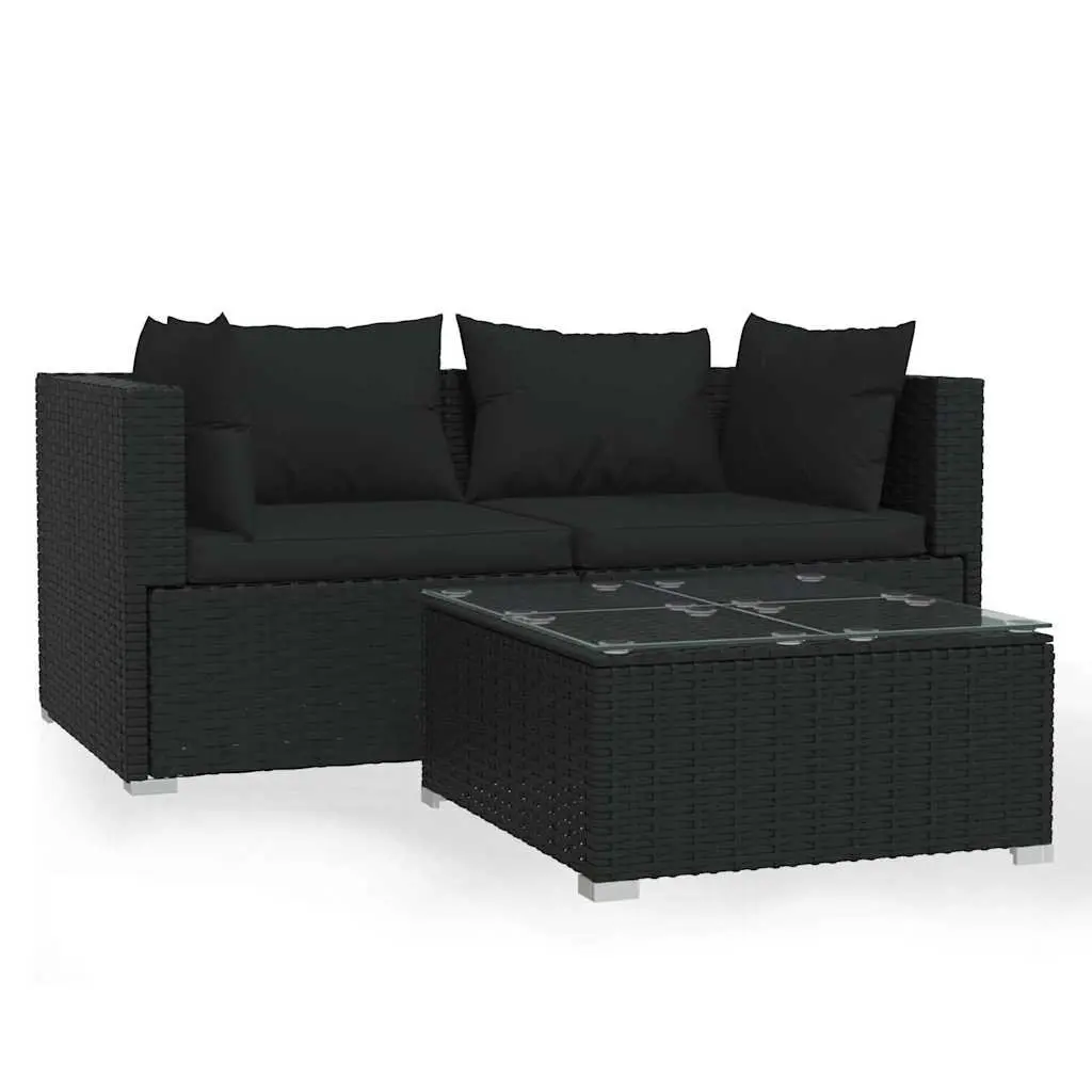 3 Piece Modular Outdoor Lounge Set Waterproof Black Rattan with Cushions