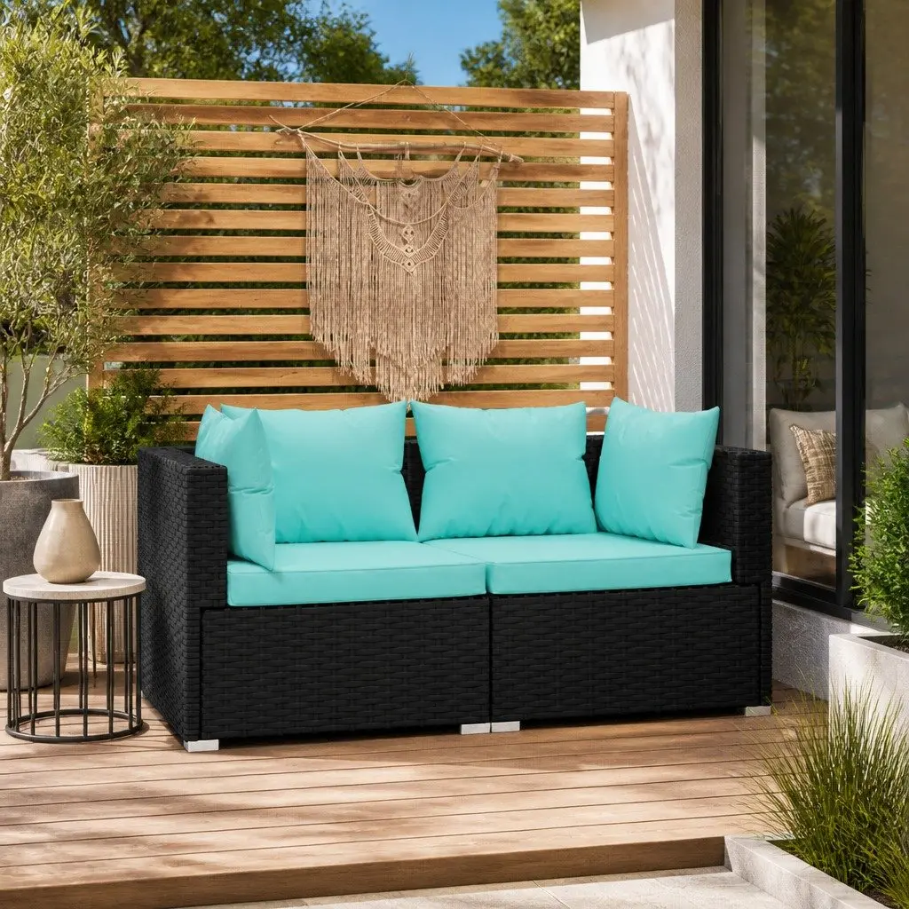 2-Seater Outdoor Sofa Waterproof PE Rattan Modular Black Steel Frame with Cushions