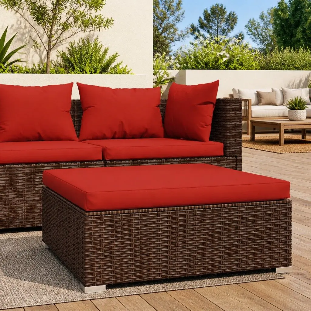 Garden Footrest with Cushion Brown Water-Resistant PE Rattan Powder Coated Steel Frame 70 x 70 x 30 cm