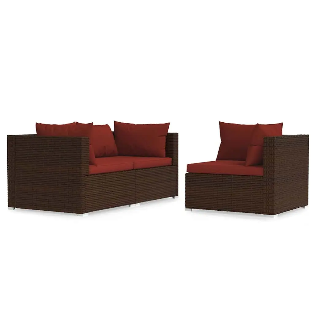 Outdoor Sectional Sofa Set 3 Piece Garden Lounge Brown Poly Rattan with Cushions