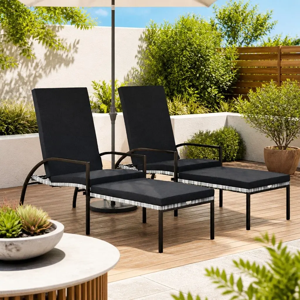 Sun Loungers Steel Frame Adjustable Backrest with Footrest Grey 2 Piece Outdoor Lounge Chairs Patio Garden Seating