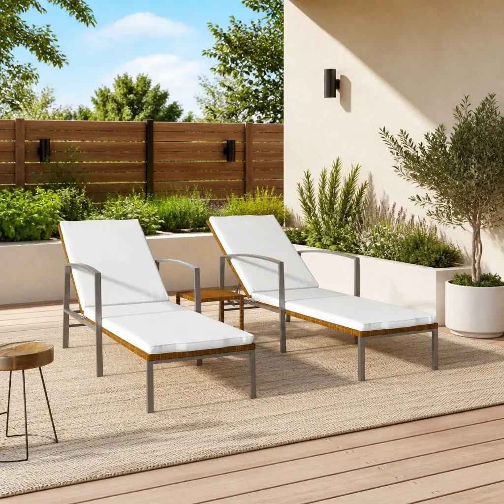 Sun Loungers Poly Rattan Brown 2 pcs with Table Steel Frame Outdoor Garden Patio Furniture