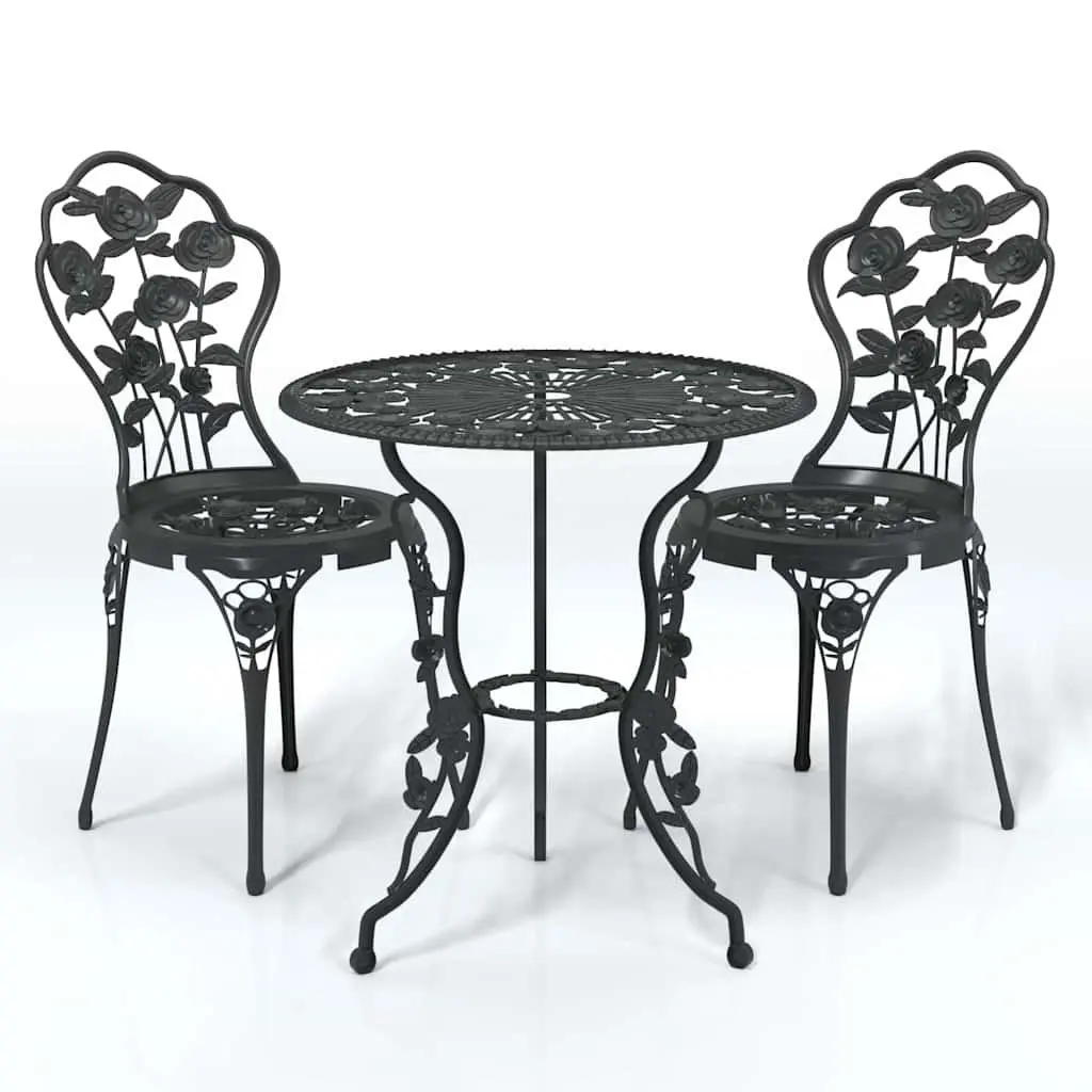 Bistro Set 3 Piece Black Cast Aluminium Floral Pattern Outdoor Dining Garden Furniture