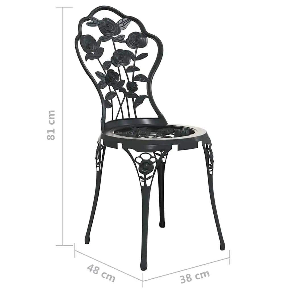 Bistro Set 3 Piece Black Cast Aluminium Floral Pattern Outdoor Dining Garden Furniture