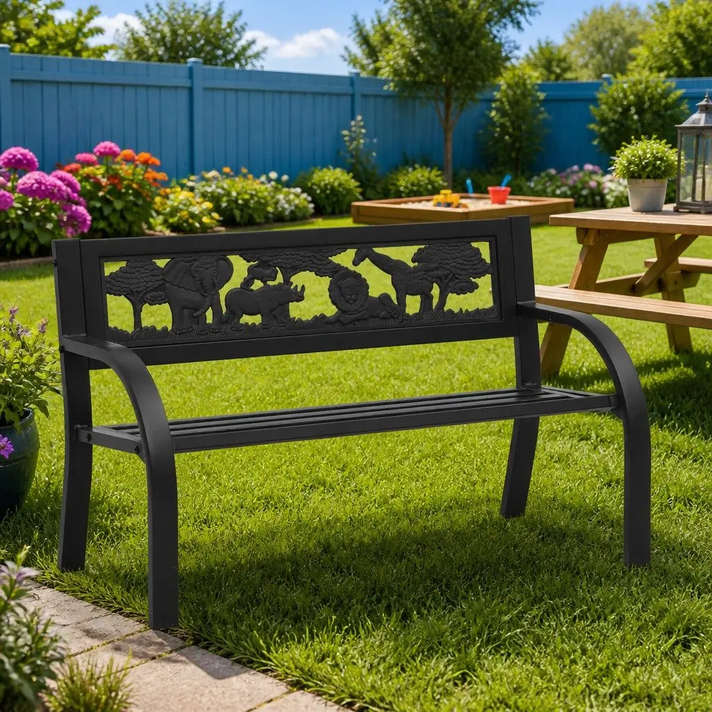 Children Outdoor Bench Steel Frame Black 86cm with Backrest