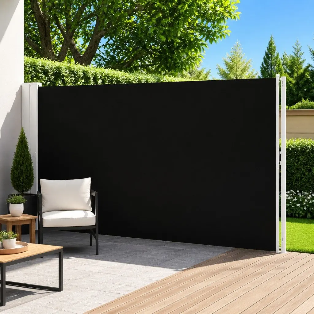 Retractable Side Awning Black Polyester 220x600cm Outdoor Privacy Screen for Patio and Balcony