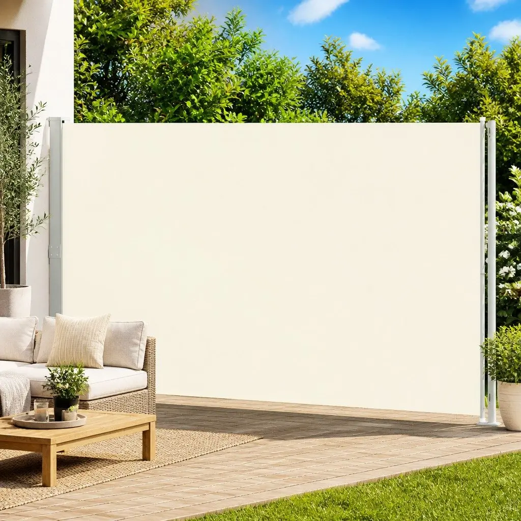 Retractable Awning Outdoor Privacy Screen Cream Polyester 220cm x 600cm for Patio Balcony Sunshade