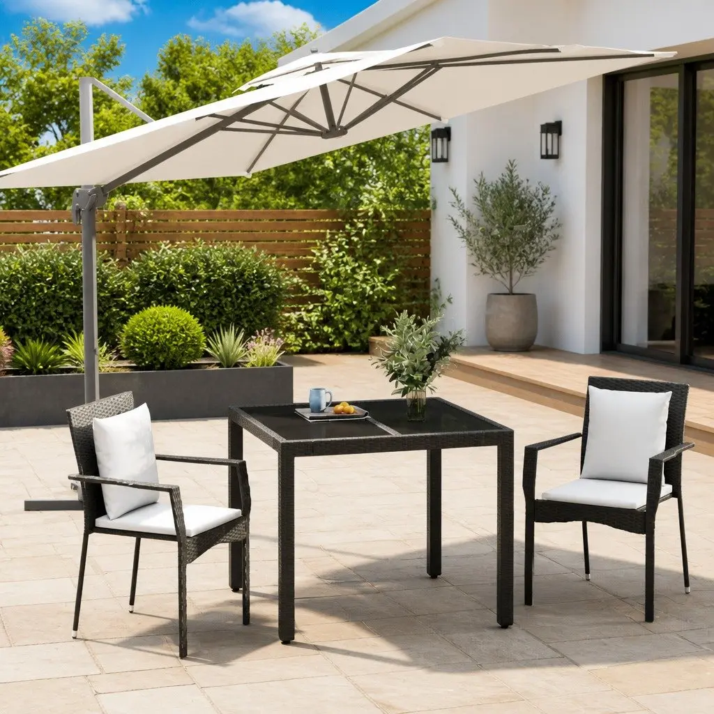 Garden Dining Set 3 Piece Outdoor Patio Furniture Black PE Rattan Steel Frame Tempered Glass
