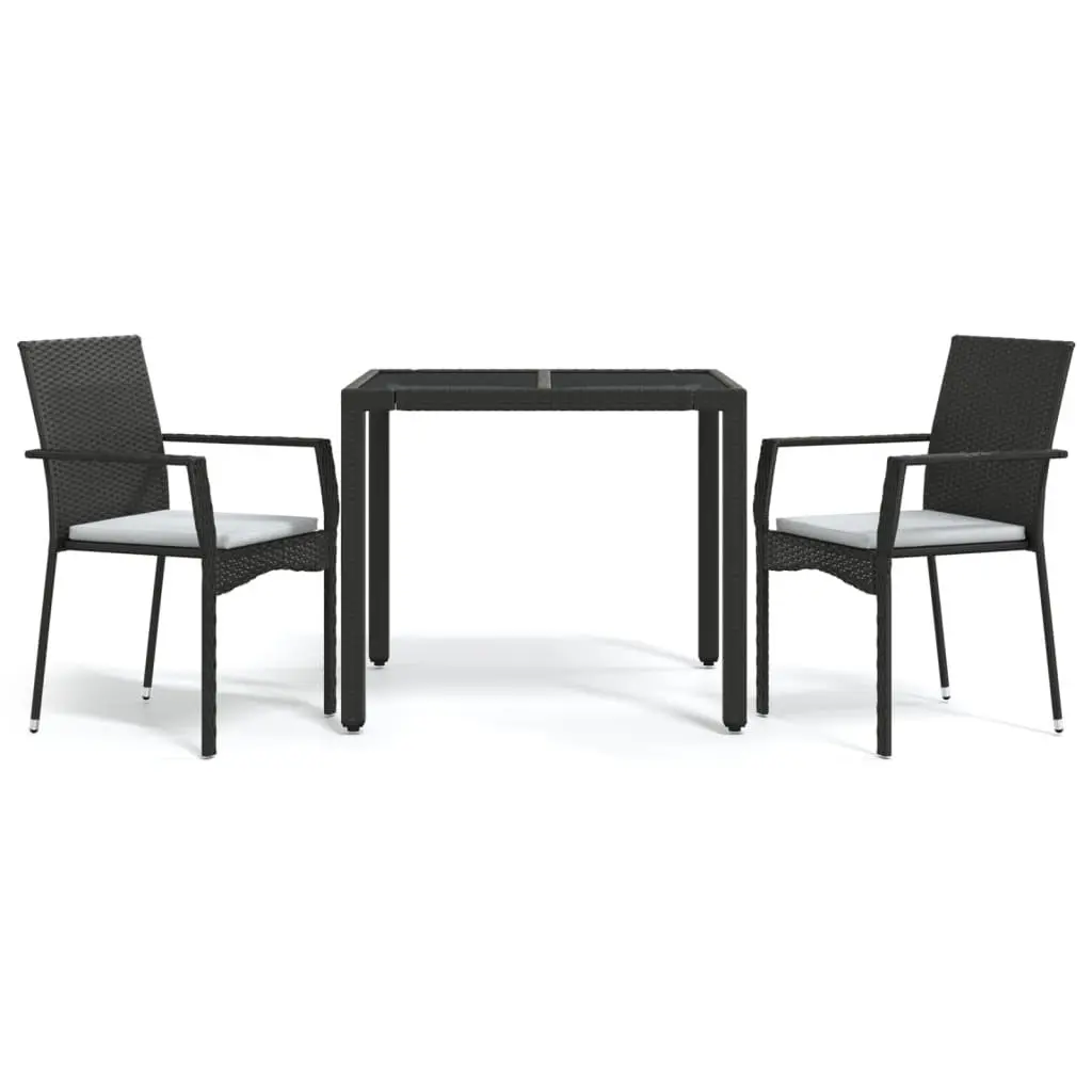 Garden Dining Set 3 Piece Outdoor Patio Furniture Black PE Rattan Steel Frame Tempered Glass