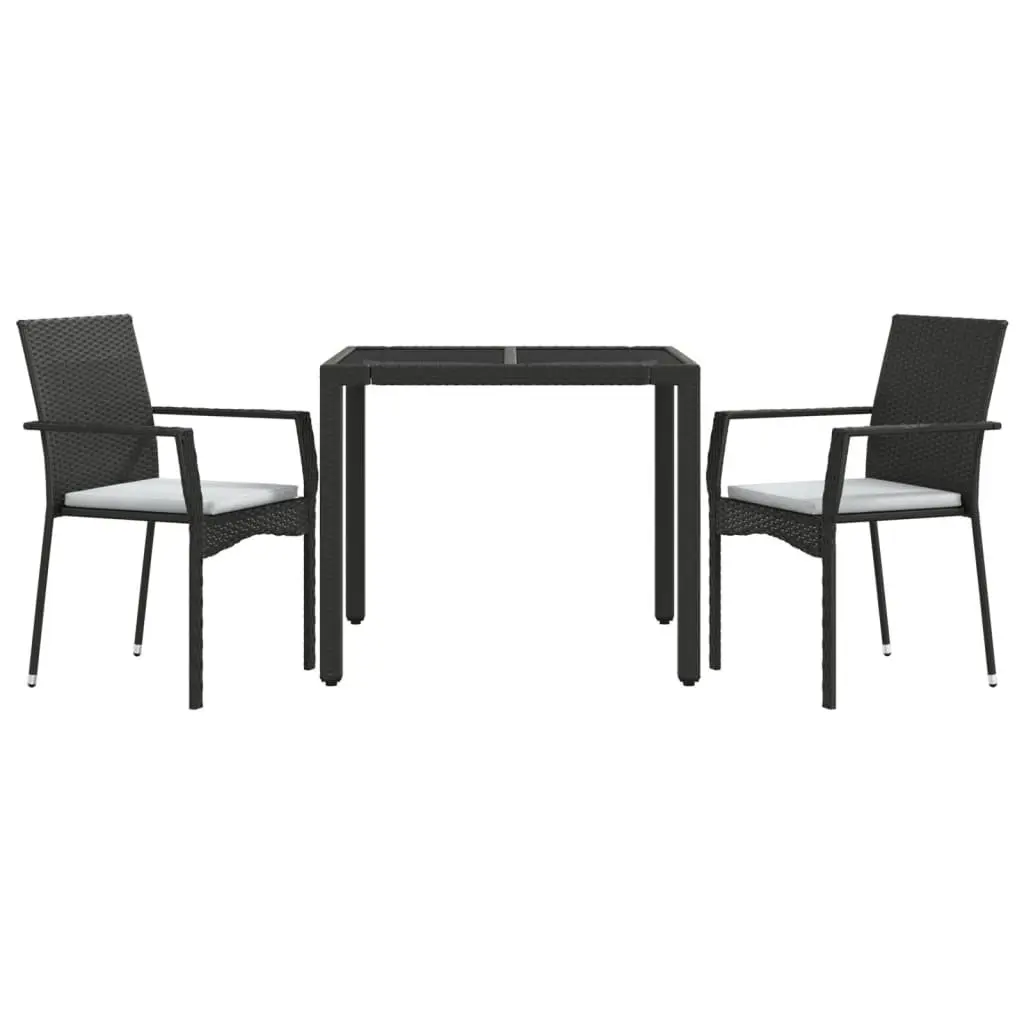 Garden Dining Set 3 Piece Outdoor Patio Furniture Black PE Rattan Steel Frame Tempered Glass