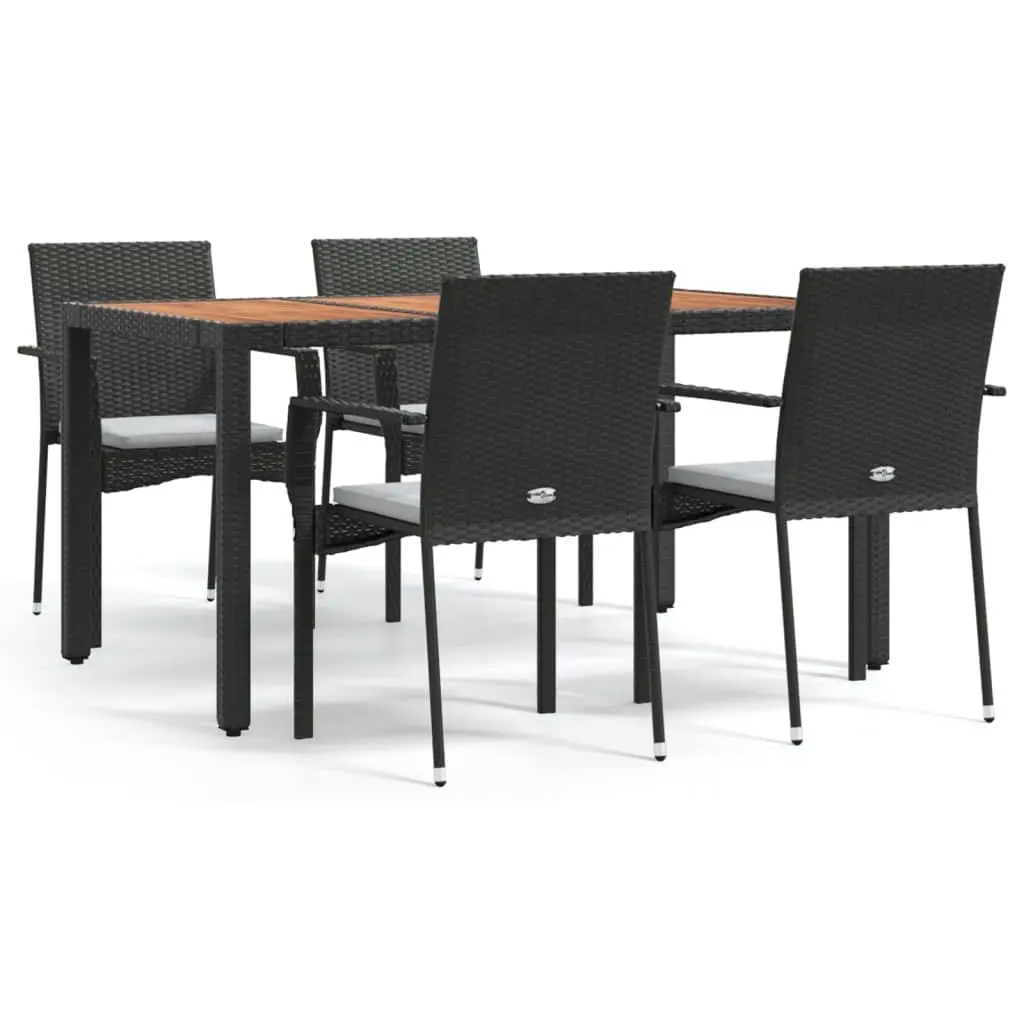 5 Piece Outdoor Garden Dining Set Black PE Rattan Powder-coated Steel Frame Solid Acacia Wood Table with Cushions