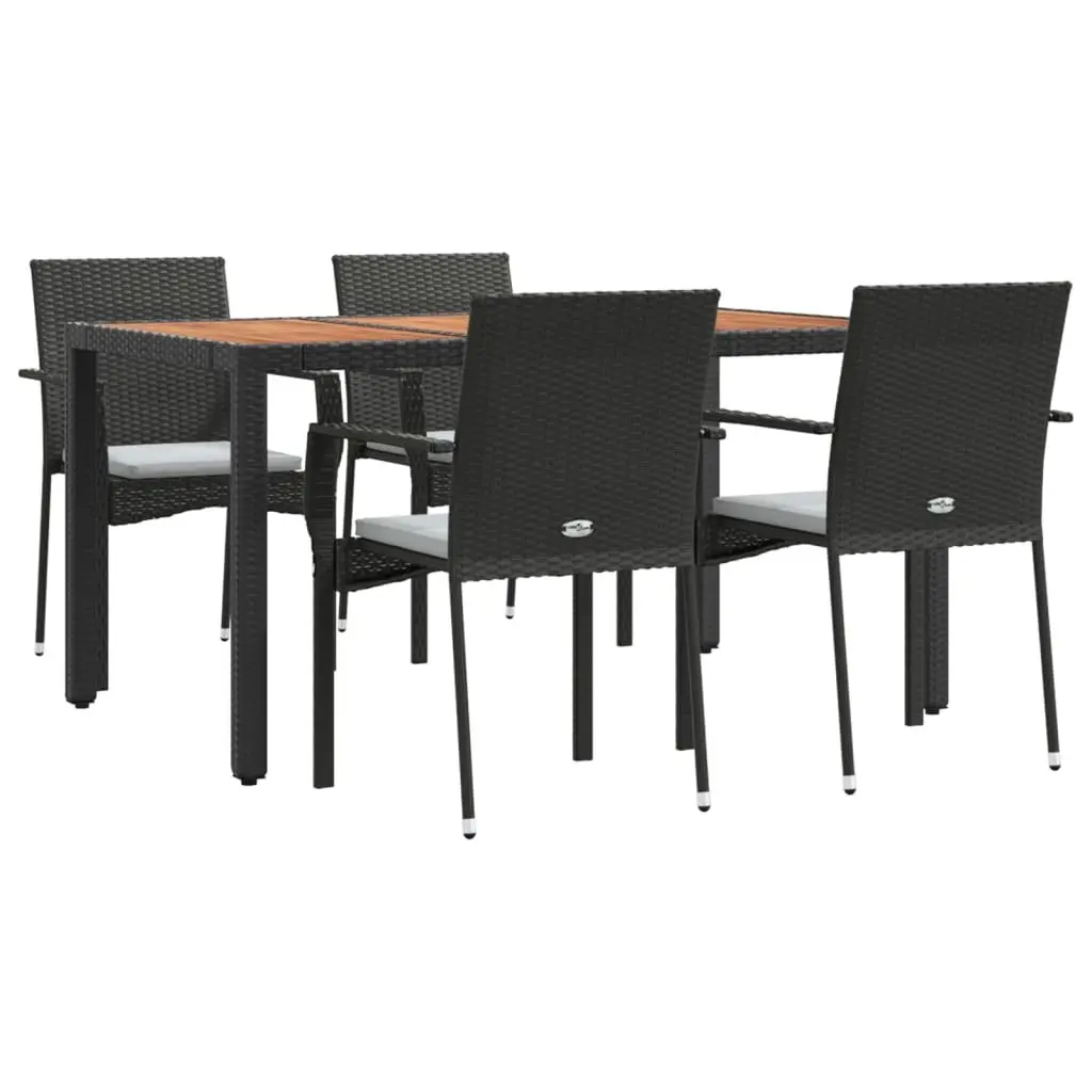5 Piece Outdoor Garden Dining Set Black PE Rattan Powder-coated Steel Frame Solid Acacia Wood Table with Cushions