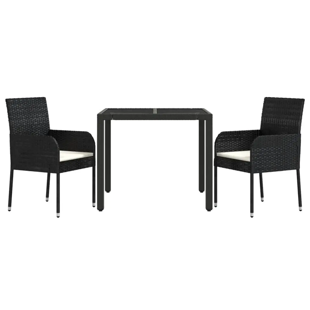 Garden Dining Set 3 Piece Black PE Poly Rattan Powder Coated Steel Tempered Glass
