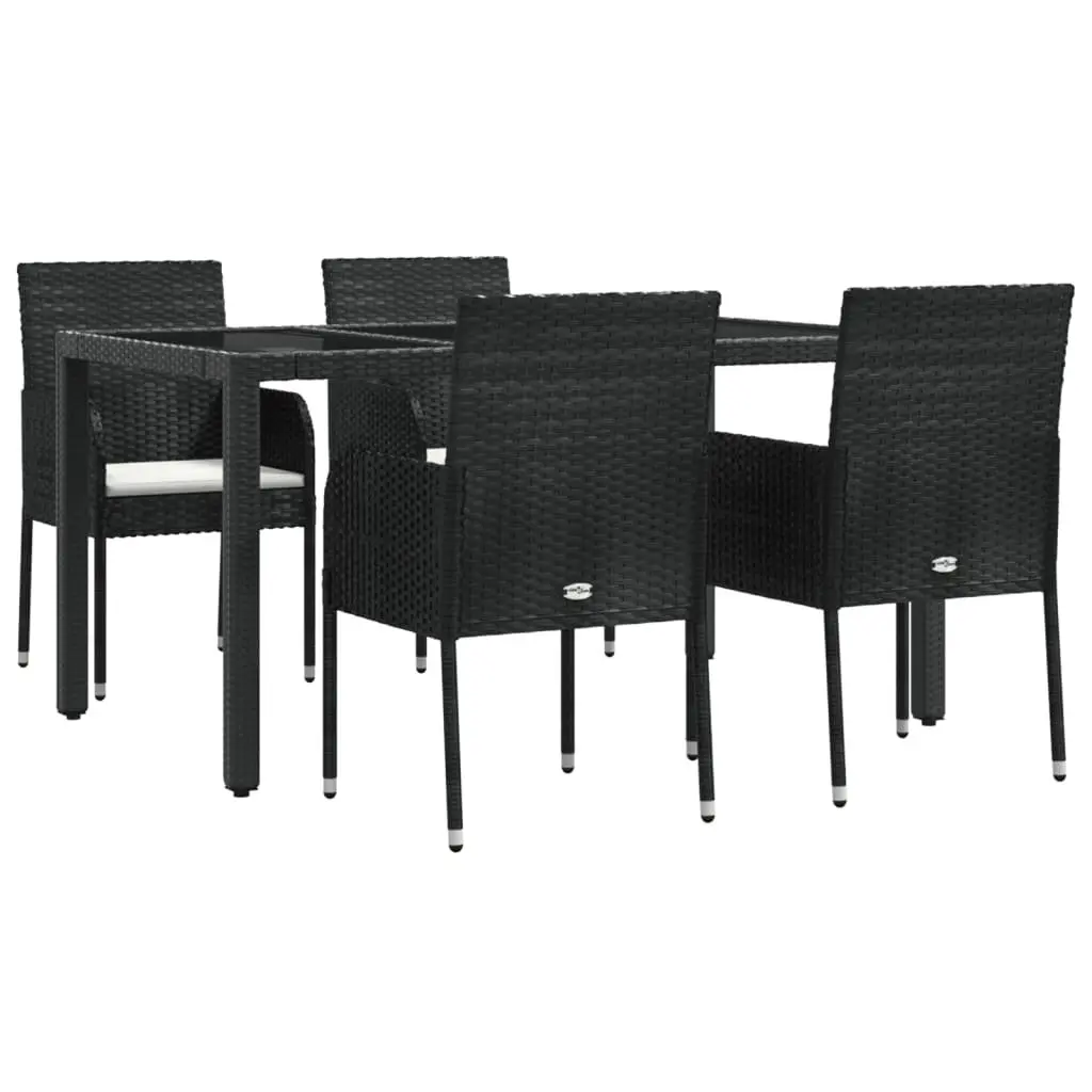 5 Piece Outdoor Garden Dining Set Poly Rattan Black Cushions Tempered Glass Table
