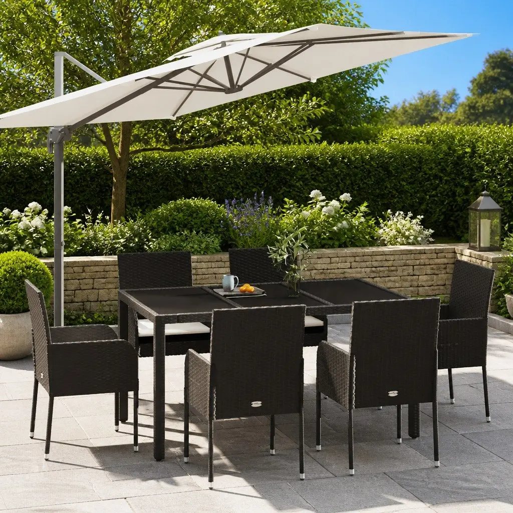 7 Piece Outdoor Garden Dining Set PE Rattan Steel Frame Acacia Wood Tabletop Black