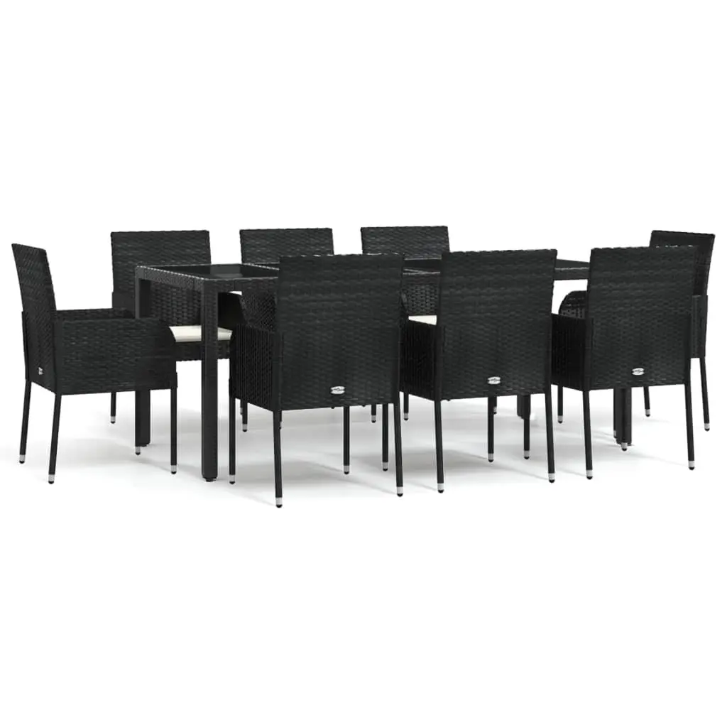 9 Piece Outdoor Garden Dining Set Black Poly Rattan Chairs Table Cushions