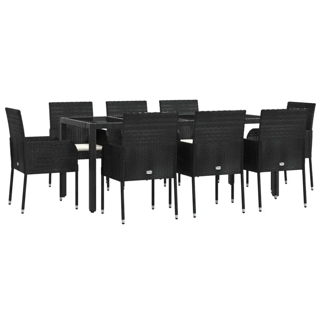 9 Piece Outdoor Garden Dining Set Black Poly Rattan Chairs Table Cushions