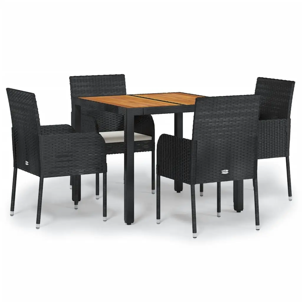 5 Piece Outdoor Dining Set Rattan Chairs Table Acacia Wood Top Black
