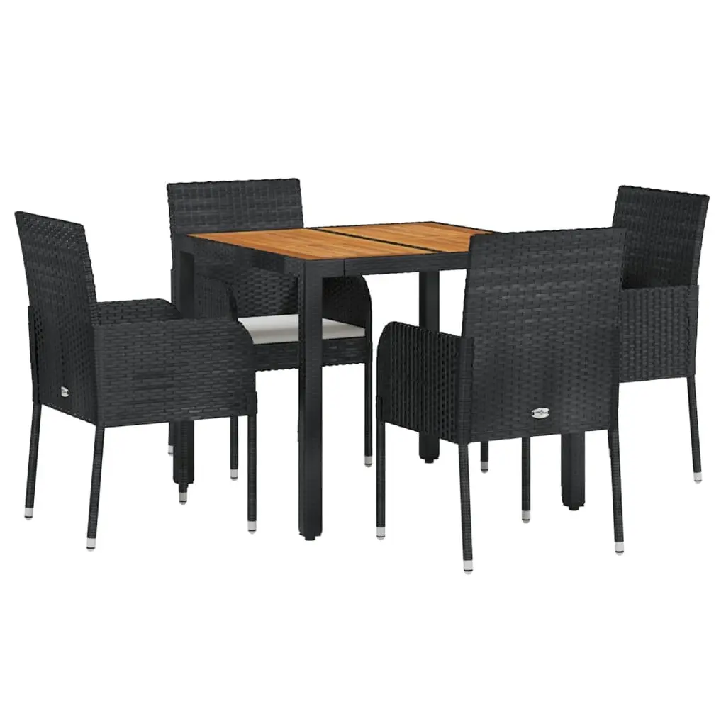 5 Piece Outdoor Dining Set Rattan Chairs Table Acacia Wood Top Black