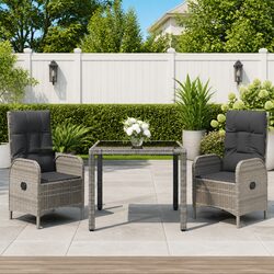 3 Piece Outdoor Garden Dining Set Grey Poly Rattan Chairs Table with Cushions