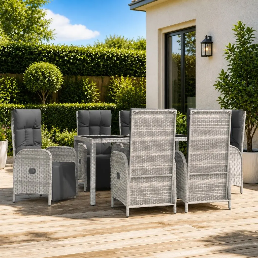 Garden Dining Set 7 Piece PE Rattan Outdoor Furniture Grey with Tempered Glass Table and Padded Cushions