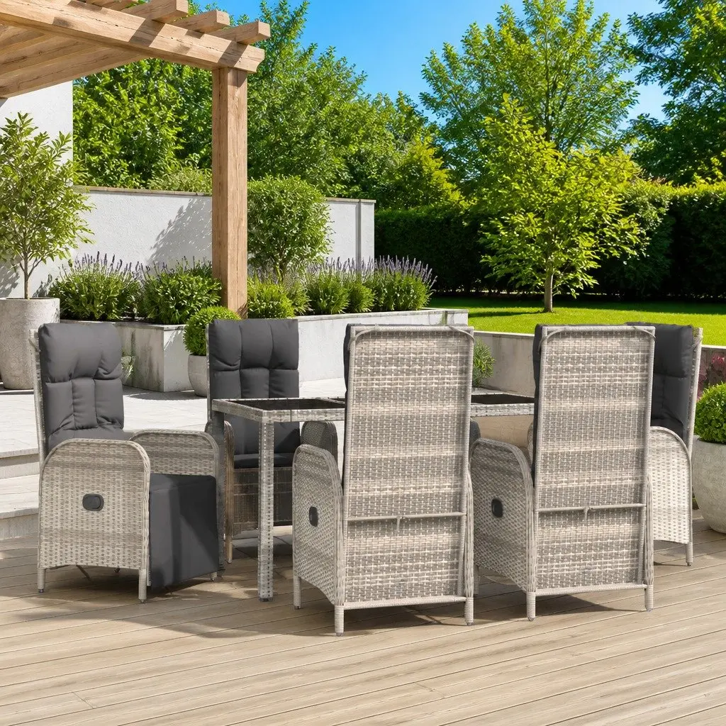 7 Piece Outdoor Garden Dining Set Grey PE Rattan Furniture with Acacia Wood Table and Cushions