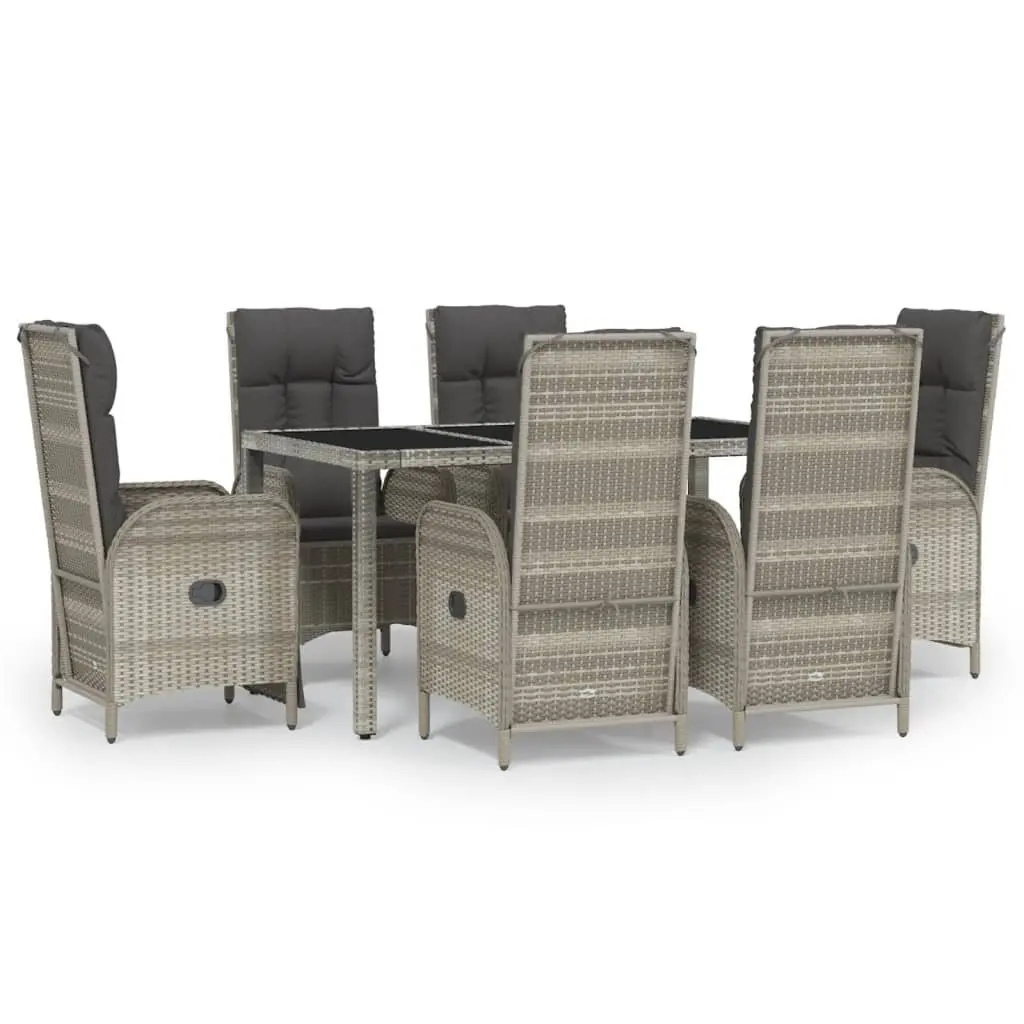 7 Piece Outdoor Garden Dining Set Grey PE Rattan Furniture with Acacia Wood Table and Cushions
