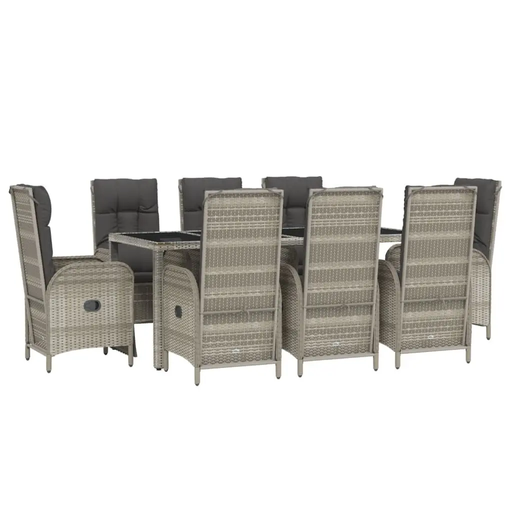Garden Dining Set 9 Piece Grey PE Rattan Steel Frame Acacia Wood Tabletop with Cushions