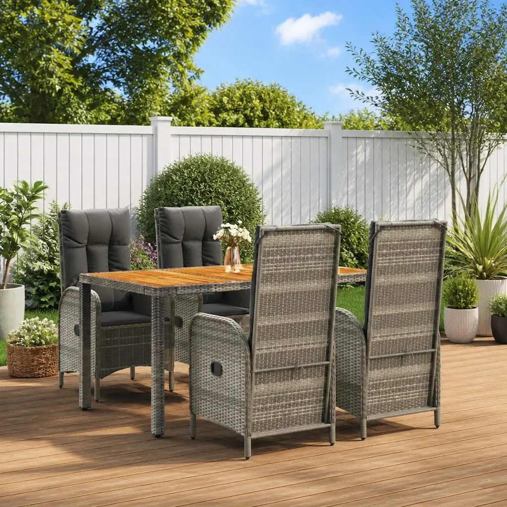 Garden Dining Set 5 Piece Outdoor Furniture Grey PE Rattan Chairs Powder-Coated Steel Frame Acacia Wood Table
