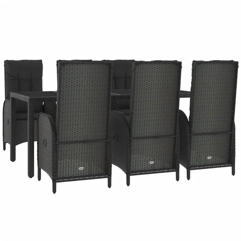 Outdoor Dining Set 7 Piece Poly Rattan Cushioned Chairs Steel Frame Tempered Glass Black Grey