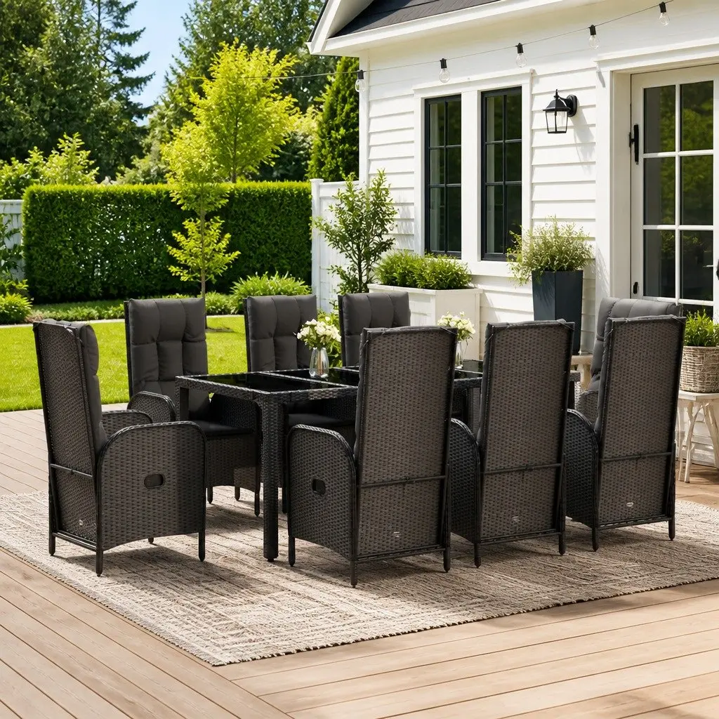 Garden Dining Set 9 Piece PE Rattan Steel Frame Black Grey Outdoor Furniture