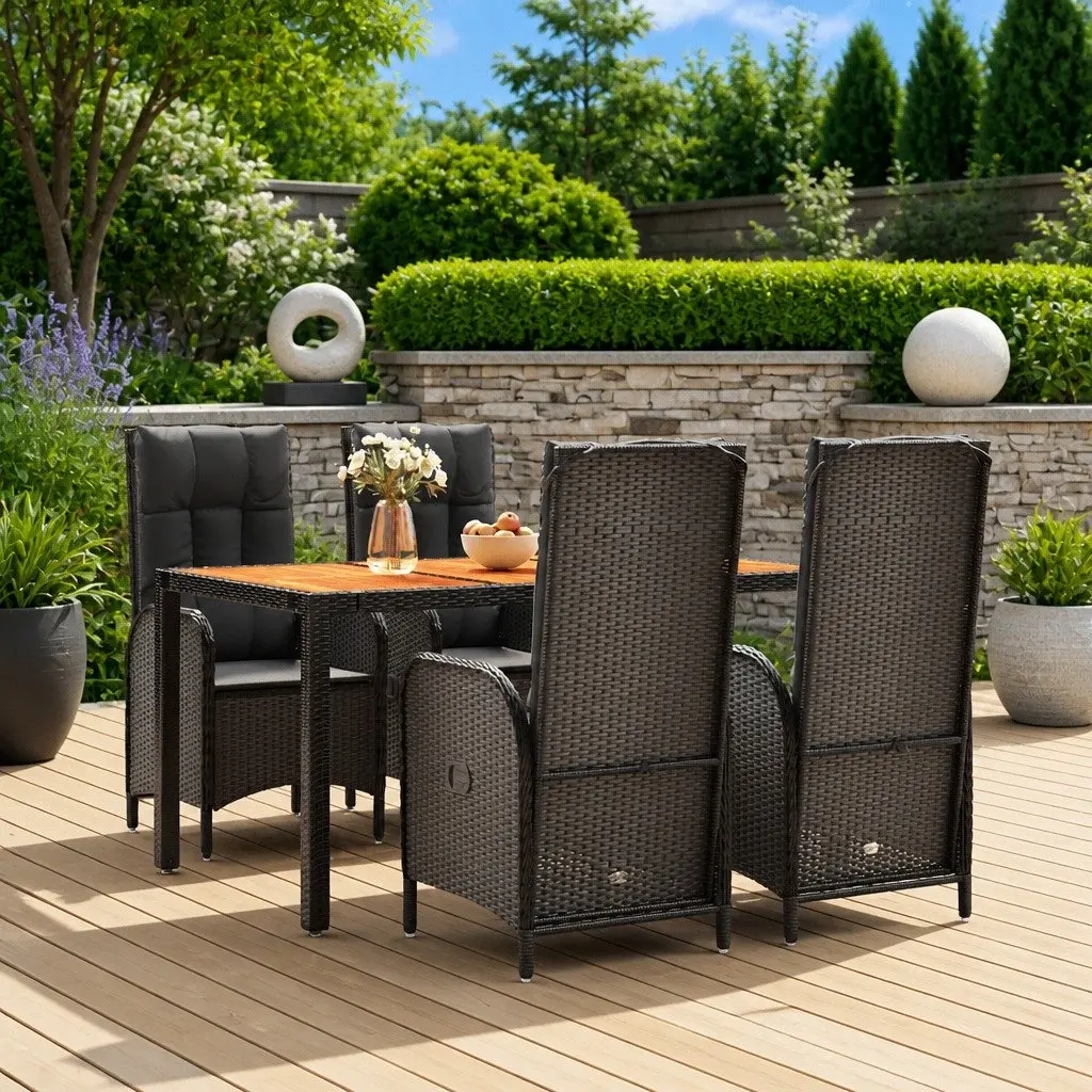 Garden Dining Set 5 Piece Black PE Rattan Steel Frame Acacia Wood Table with Cushions
