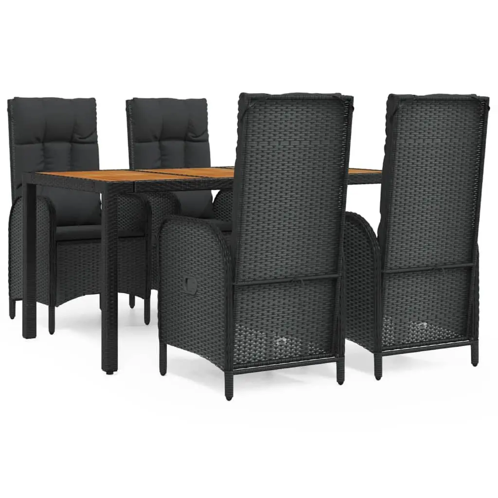 Garden Dining Set 5 Piece Black PE Rattan Steel Frame Acacia Wood Table with Cushions