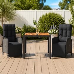 Black Poly Rattan Chairs 3 Piece Outdoor Dining Set with Cushions