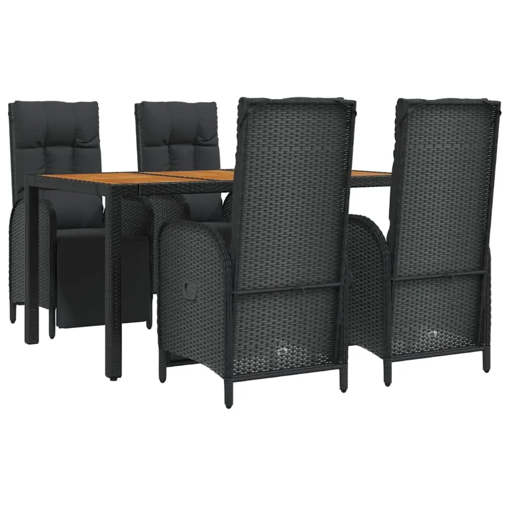 5 Piece Black Poly Rattan Garden Dining Set with Cushions and Reclining Chairs for Outdoor Relaxation