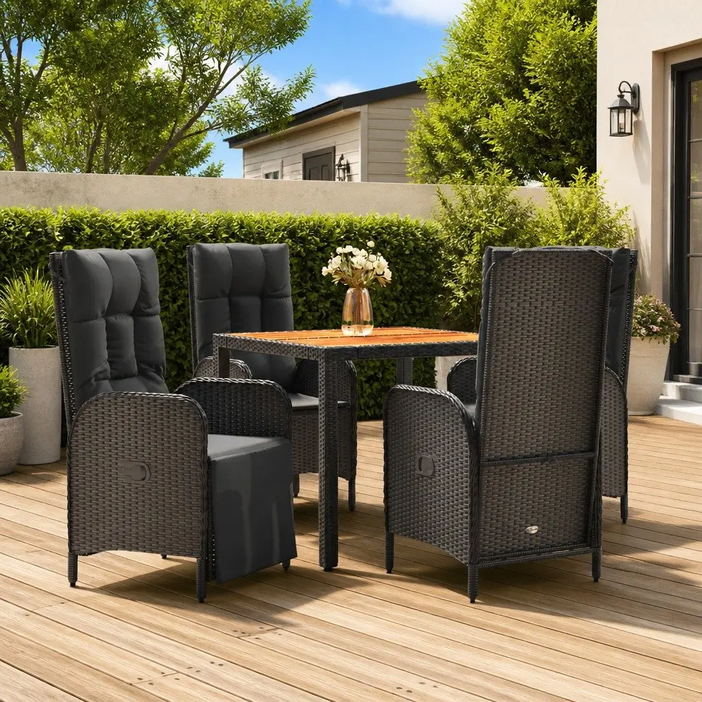 Garden Dining Set 5 Piece Black PE Rattan Steel Frame Acacia Wood Table Chairs with Cushions