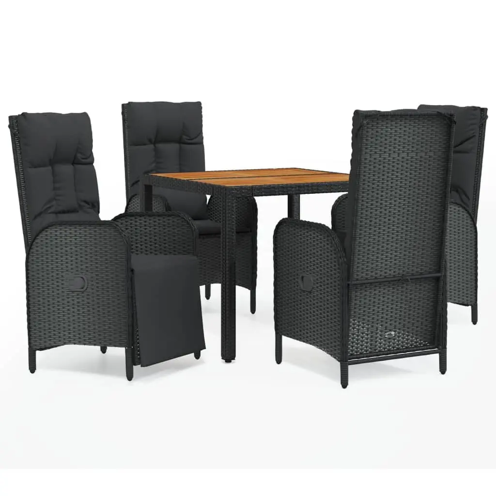 Garden Dining Set 5 Piece Black PE Rattan Steel Frame Acacia Wood Table Chairs with Cushions