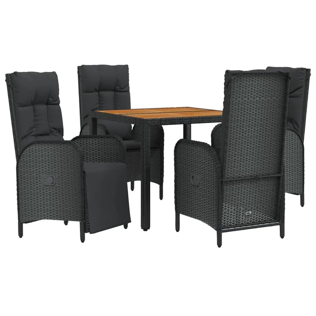 Garden Dining Set 5 Piece Black PE Rattan Steel Frame Acacia Wood Table Chairs with Cushions