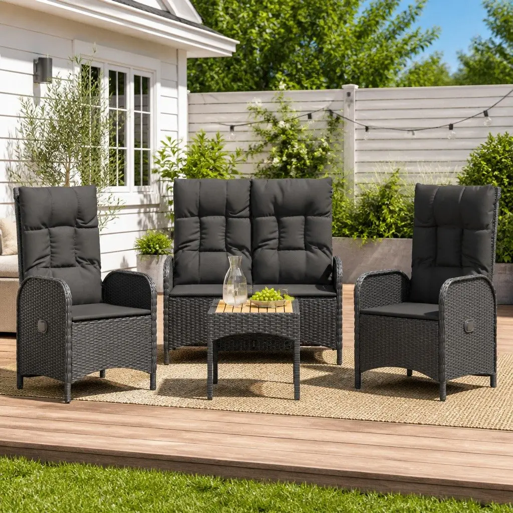 4 Piece Garden Dining Set Acacia Wood Table Black Weather-Resistant PE Rattan Frame Reclining Chairs