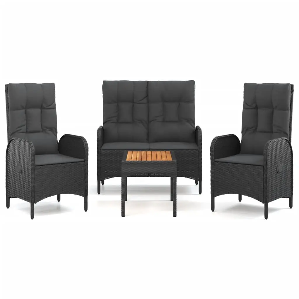 4 Piece Garden Dining Set Acacia Wood Table Black Weather-Resistant PE Rattan Frame Reclining Chairs