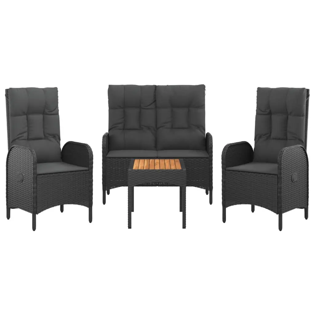 4 Piece Garden Dining Set Acacia Wood Table Black Weather-Resistant PE Rattan Frame Reclining Chairs